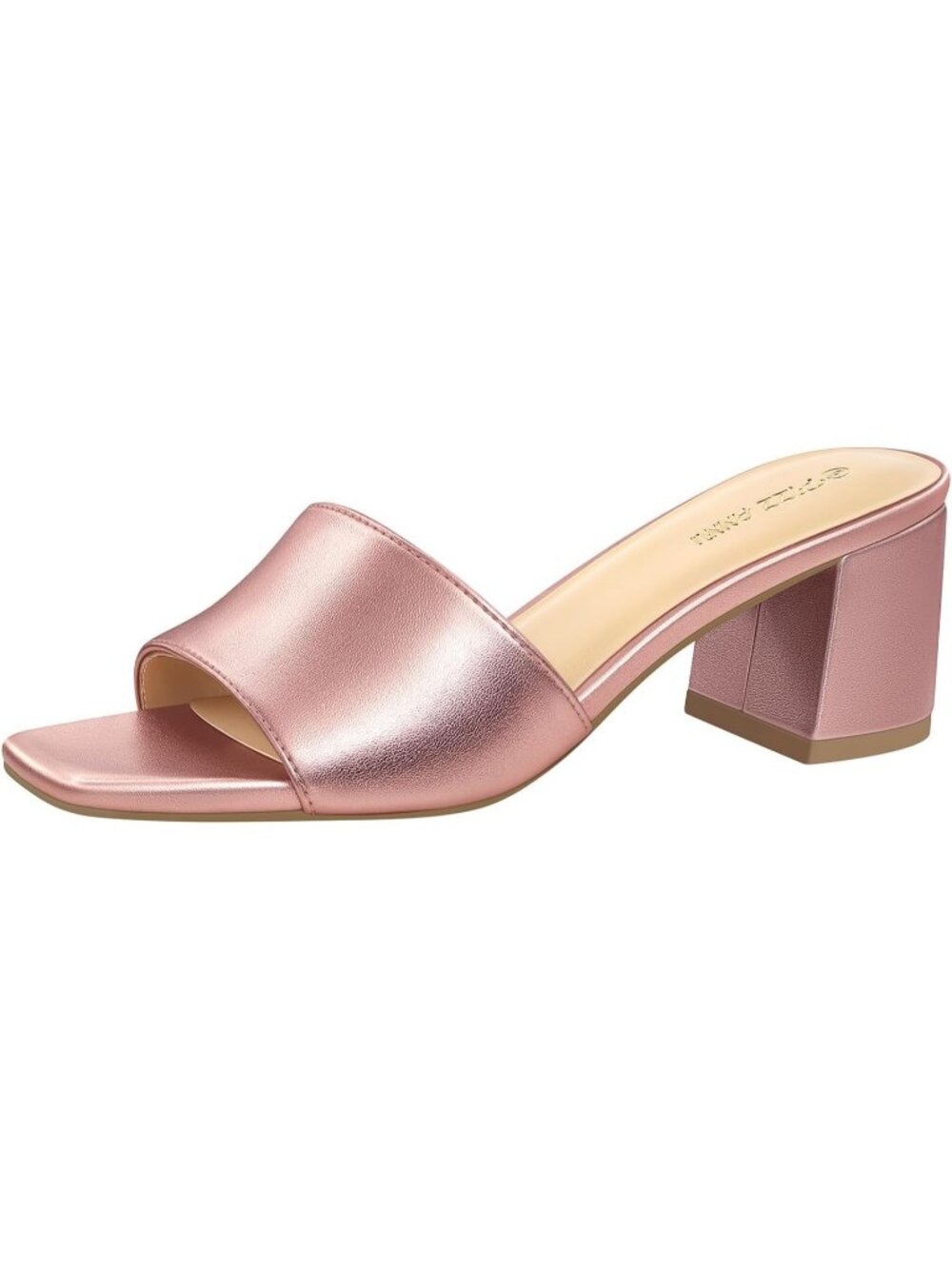 Women's Rose Gold Pu Square Open Toe Low Chunky Block Heels Slip on Dress Shoes